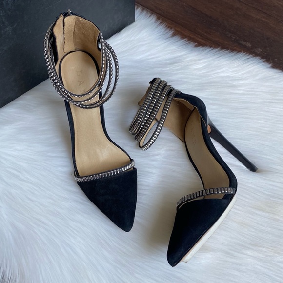 L.A.M.B. Shoes - L.A.M.B. Fernley Black Suede Ankle Strap Pumps 8.5